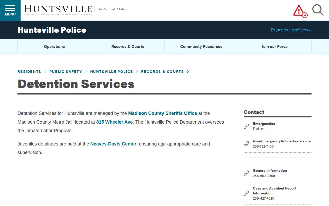 Huntsville police detention and booking route for arrest records