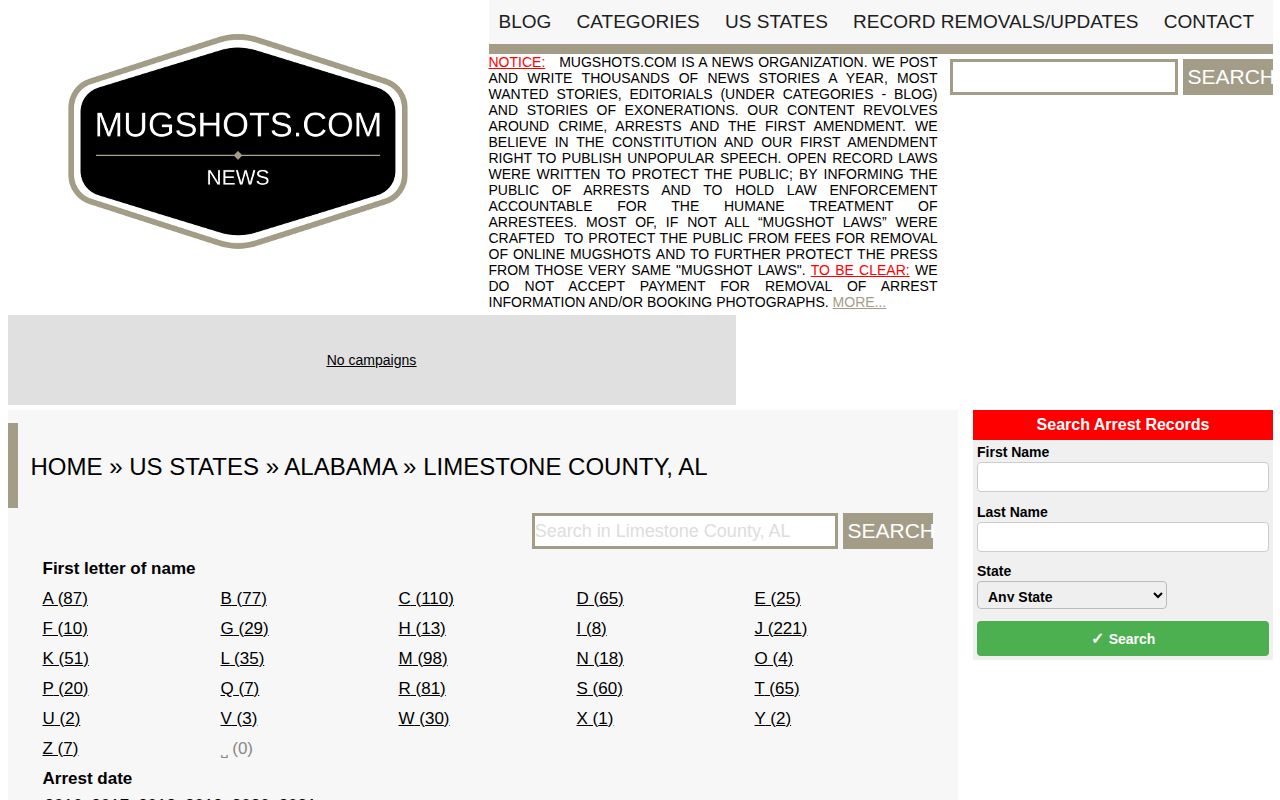 Stale unofficial Mugshots.com Limestone County arrest index